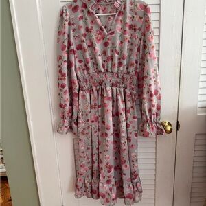 Pink Floral Smocked Waist Dress – Long Sleeve Ruffle Hem – Romantic Spring Midi